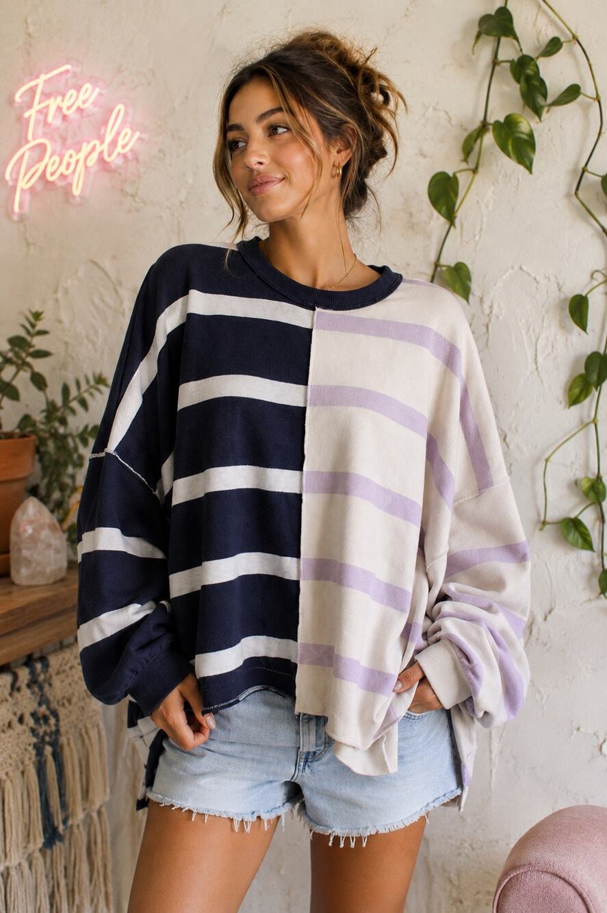 Free People Uptown Stripe Pullover Sweatshirt Colorblock Oversized Medium